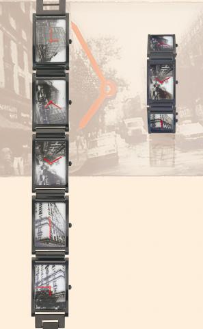 Andy Warhol, Times/5.Movado, Andy Warhol, Times/5, No. 169/ 250..Made in a limited edition of 250 pieces in 1988..Fine and unusual, World Time, rectangular.black stainless steel gentleman's wristwatch with five dials.representing five different views of N