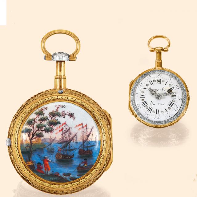 Calm Harbor.Isaac Soret & Fils, Geneva, No. 14835. Made for the Islamic market, circa 1780..Fine, 18K gold and painted on enamel, rose-cut diamond-set quarter-repeating pocket watch.