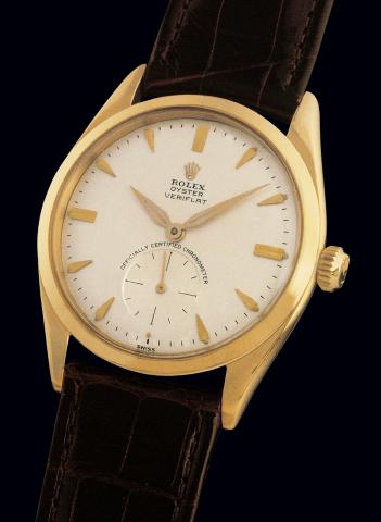 Ref. 6512 Veriflat.Rolex Oyster Veriflat.Officially Certified.Chronometer, Ref. 6512. Case.No. 322337. Made in 1957..Fine and rare, thin, water-resistant.18K yellow gold gentleman's wristwatch.with original Rolex bracelet and.gold plated buckle.