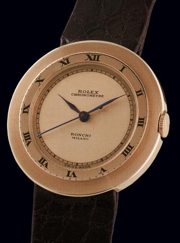 Ref. 3029.Pink Gold Saturn.Rolex, Chronom_tre.Ref. 3029. Case No. 34093. Made in.1937. Retailed by Ronchi, Milano..Fine and very rare, center seconds, 18K pink.gold and enamel gentleman's wristwatch with.original leather strap and 18K yellow gold Rolex.bu