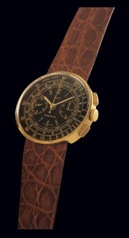 Ref. 3233, Yellow Gold So-Called Moneta.Rolex, Antimagnetic, Ref. 3233. Case No. 44982. Made.in 1938..Very fine and extremely rare, 18K yellow gold gentleman's wristwatch with square.button chronograph, black dial, register, tachometer, telemeter and a go