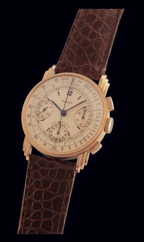 Ref. 3835 Pink Monochrome.Rolex, Antimagnetic, Ref. 3835. Case No. 57507. Made in 1941..Very fine and very rare, 18K pink gold gentleman's wristwatch.with square button chronograph, registers, tachometer, telemeter and a gold-plated.Rolex buckle.