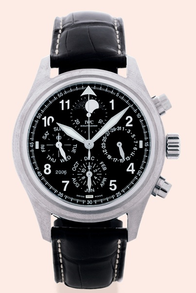 Spitfire.International Watch Co., Schaffhausen.Sincere 'Spitfire' Perpetual Calendar, Ref..3757. Made in a limited edition of 50 examples with either.black (25) or white (25) dial, for the 50th anniversary of.Sincere Watch Limited in Singapore in 2004..Fi