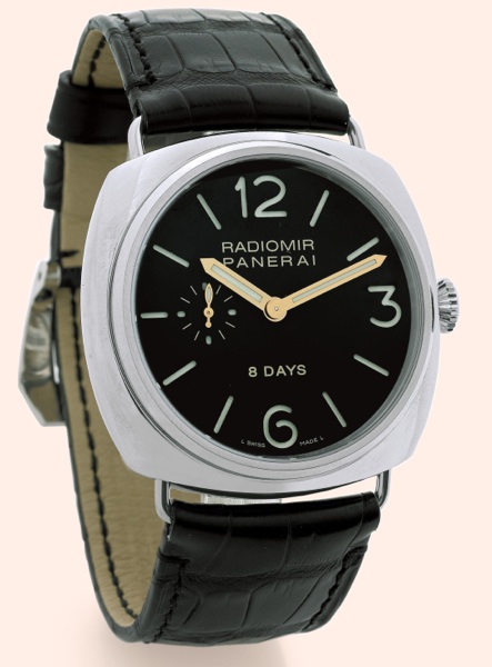 Radiomir 8 Days, Ref. 6609.Officine Panerai, Firenze 1860, Radiomir 8 Days.No. H 0704/1000, Ref. OP 6609. Made in a limited edition of.1000 examples in 2005..Fine and rare, large, cushion-shaped, water-resistant, stainless steel diver's.wristwatch with a 