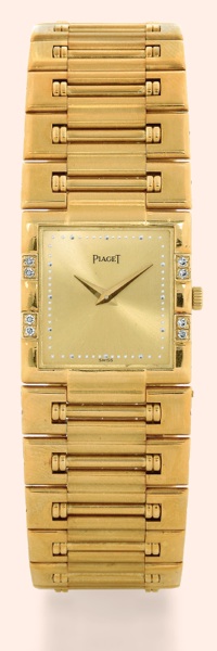 Piaget, Ref. 80317. Made in the 1980s..Fine and elegant, square, thin, 18K yellow gold and diamond gentleman's quartz wristwatch with an.integrated, 18K yellow gold Piaget link bracelet. Accompanied by a fitted box and certificate.