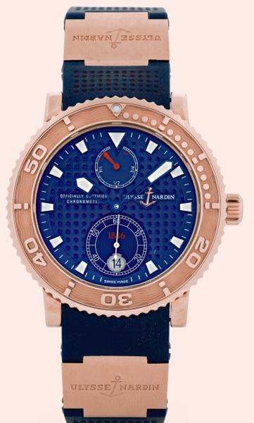 Big Blue.Ulysse Nardin, Le Locle, Suisse, Marine Chronometer.Officially Certified, No. 037/350.Ref. 266-66. Made in a limited edition of 350 examples.in 2003..Fine, self-winding, water-resistant, 18K pink gold gentleman's.chronometer diving wristwatch wit