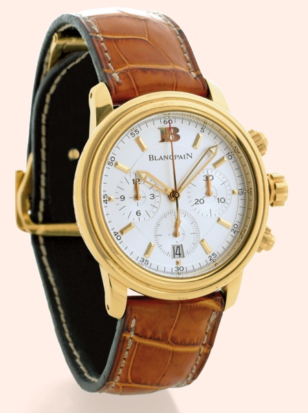 2100 Chronograph.Blancpain, 2100 Chronograph, No. 15. Made.in the late 1990s..Very fine, self-winding, water-resistant, 18K yellow gold.gentleman's wristwatch with round button chronograph.registers, date and an 18K yellow gold Blancpain deployant.clasp.
