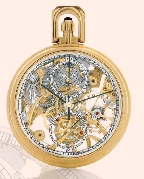 Skeletonized.G_rald Genta, No. 6347, case No. 6153, Ref. G1507, retailed by Tourneau. Made in the 1980s..Very fine, keyless, skeletonized, 18K yellow gold pocket watch with chronograph and register.