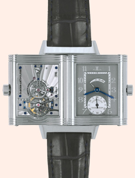 Reverso Platinum.Number Two.Tourbillon.Jaeger-LeCoultre, Reverso Tourbillon.No. 60/500, Ref. 270. 6.48. Made.in a limited edition of 500 examples.sold in 2004..Very fine and rare, rectangular, platinum.gentleman's reversible wristwatch.with one-minute tou
