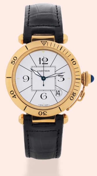 Pasha.Cartier, Pasha, Automatic.Ref. 1991..Made in the 1990s..Fine, center-seconds, self-winding, waterresistant.18K yellow gold gentleman's.wristwatch with date and an 18K yellow.gold Cartier deployant clasp.