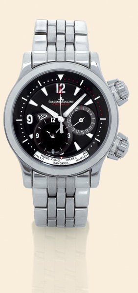 Master Compressor Geographic.Jaeger-LeCoultre, Master Compressor Geographic - 1000 Hours. Ref. 146.8.83. Made in the early 2000s..Very fine, large, two time-zone, center-seconds, self-winding, water-resistant, stainless steel gentleman's wristwatch.with d