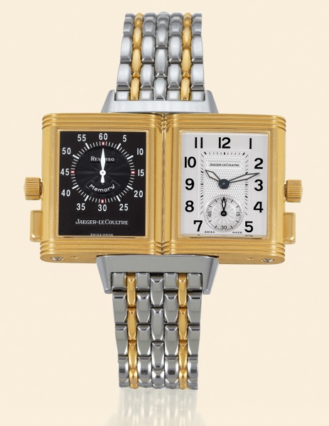 Stainless Steel and Gold Memory.Jaeger-LeCoultre, Reverso Memory, Ref..255.5.82. Made in the 1990s..Fine, rectangular, 18K yellow gold and stainless steel.gentleman's reversible wristwatch with two dials, permanent.minute register and fly-back mechanism, 