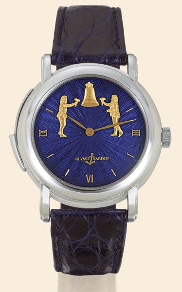 White Gold R_p_tition Minutes Jaquemarts Forgerons.Ulysse Nardin, Le Locle, Suisse, No. 1, ref 700-22. Made in 1991..Very fine and rare, water-resistant, minute repeating, 18k white.gold gentleman's wristwatch with gold Jaquemarts and an 18K.white gold Ul