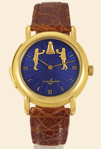 Yelow Gold R_p_tition Minutes Jaquemarts Forgerons.Ulysse Nardin, Le Locle, Suisse, No. 2, ref 701-22. Made in 1991..Very fine and rare, water-resistant, minute repeating, 18k yellow.gold gentleman's wristwatch with gold Jaquemarts and an 18K.yellow gold 