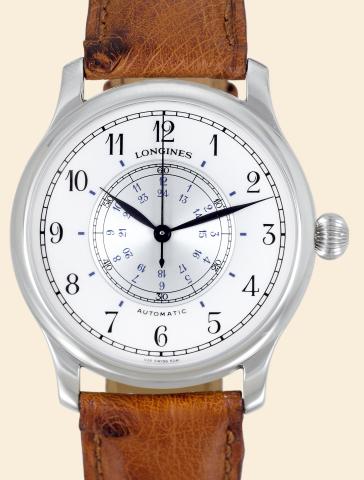 Longines, Weems Navigation.No. 766, Ref..6285241..Made in Special Edition for Swiss Air.Exclusive in the 1980s. Sold in 1989..Fine and unusual, hour angle, centerseconds.two-time zone, stainless steel.aviator's wristwatch. Accompanied by.a fitted box, set