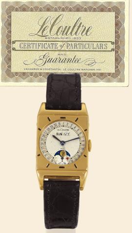 LeCoultre, No. 630914, case No. 8136247..Produced circa 1949..Very fine and rare, astronomic, rectangular.18K yellow gold-plated gentleman's wristwatch with.triple date and moon phases. Accompanied by a fitted box.and certificate.
