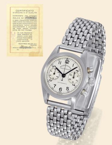 Ref. 3481 Stainless Steel Antimagnetic Original Certificate.Rolex, Oyster Chronograph Antimagnetic, Ref. 3481, case No. 122016. Made in 1939.sold on April 27, 1943..Very fine and very rare, stainless steel, water-resistant, mid-sized wristwatch with round