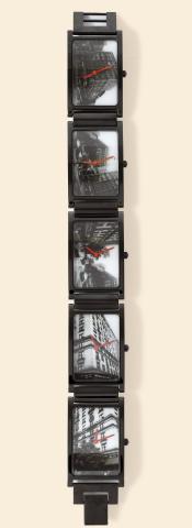 Andy Warhol, Times/5.Movado, Andy Warhol, Times/5, No. 82/ 250. Made in a limited.edition of 250 examples in 1988..Fine and unusual, World Time, rectangular, black stainless steel gentleman's.wristwatch with five dials representing five different views of