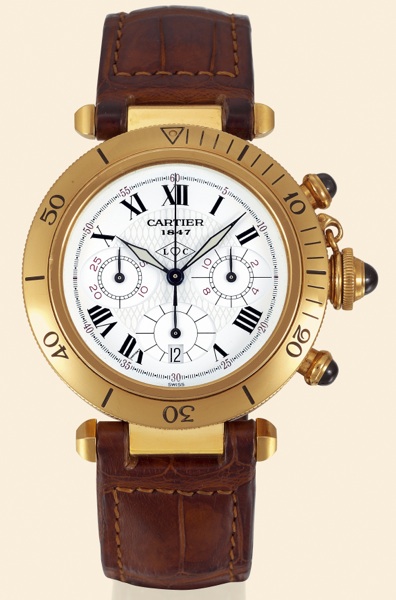 Pasha.Cartier, Pasha, Ref. 0960 1..Made in 1997 to commemorate.the 150th anniversary of the.founding of the company by Louis-.Francois Cartier..Fine and rare, water-resistant, quartz.18K yellow gold gentleman's wristwatch.with special dial, round button.c