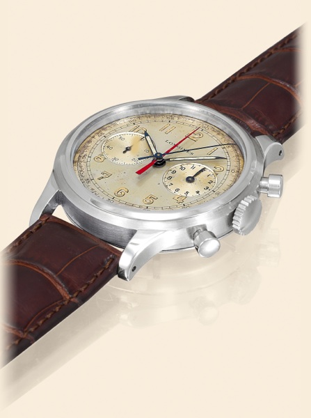Chronograph _ Central Minute Register.Longines, No. 6964577, case No. 23086, Ref. 177. Made circa 1945..Fine and rare, large, stainless steel gentleman