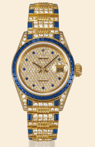 Ref. 69028.Diamond And Sapphire Datejust.Rolex, Oyster Perpetual Datejust, Superlative.Chronometer Officially Certified, case No. 9087984, Ref. 69028..Made in the 1980s..Fine, center seconds, self-winding, water-resistant, 18K yellow.gold diamond and sapp