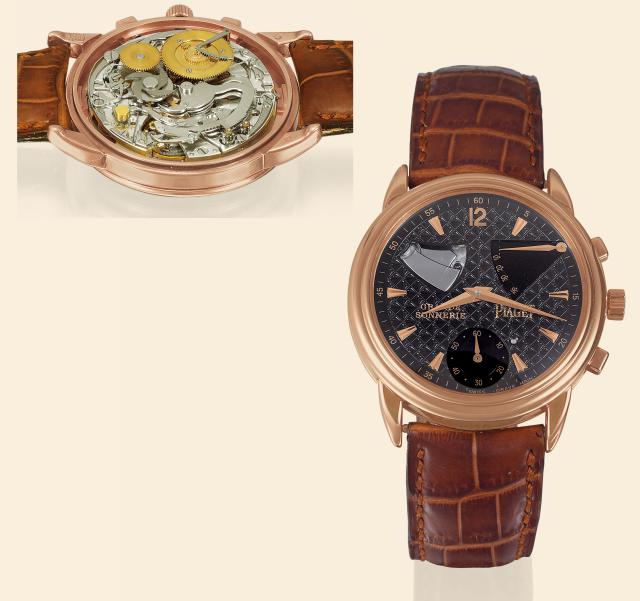 Pink Gold Grande & Petite Sonnerie Gouverneur.Piaget, Swiss, No. 645952. Made in a very small series in 1997..Extremely fine and equally rare, grande and petite sonnerie striking, water-resistant, 18K pink.gold two-train wristwatch with minute-repeating, 