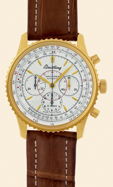 Navitimer.Montbrillant.Breitling Navitimer.Montbrillant, Ref. L 30030.1. Made.in the 1990s..Very fine, self-winding, water-resistant.18K yellow gold gentleman's wristwatch.with round button chronograph, registers.telemeter, slide rule and an 18K yellow go