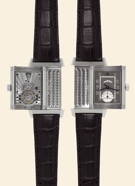 Reverso.Tourbillon Platinum No. 2.Jaeger-LeCoultre, Reverso -.Tourbillon Platinum Number Two.No. 60/500, Ref. 270. 6.48. Made in a.limited edition of 500 pieces. Sold in.2004..Very fine and rare, rectangular, platinum.gentleman's reversible wristwatch.wit