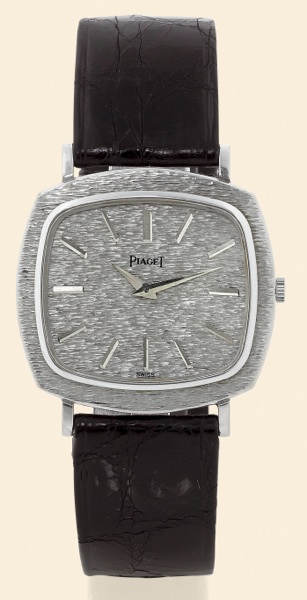 Thin Watch.Piaget, case No. 1891137.Ref. 9434. Made in the.1970s..Fine, thin, cushion-shaped, 18K white.gold gentleman's wristwatch.