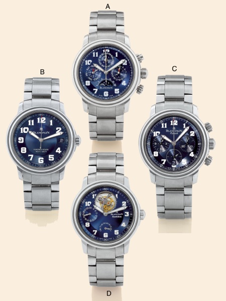 Stainless Steel 2100 Set.Blancpain, No. 1/8. Made in a limited edition of 8 sets, each comprising 4 watches, in the late 1990s..Accompanied by the original fitted box and certificate..A. Perpetual Calendar Chronograph.Very fine and rare, astronomic, water