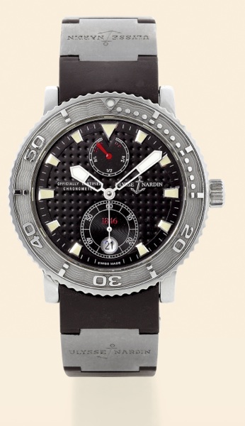 Marine Diver.Chronometer.Ulysse Nardin, Le Locle.Suisse, Marine Diver Chronometer.Officially Certified, No. 0418, Ref. 263-.55. Made circa 2002..Fine, self-winding, water-resistant,stainless.steel diver's chronometer wristwatch.with date, a rubber strap w