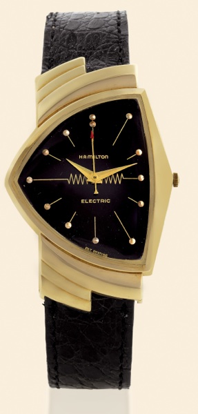 Ventura Electric.Hamilton Watch Co..Lancaster, Pennsylvania.Ventura Electric, No. SO 23573..Made circa 1960..Fine and unusual, triangular asymmetrical.center seconds, 14K yellow gold.gentleman's wristwatch with electrically-.driven balance.