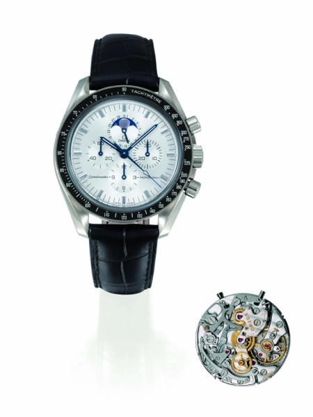 SPEEDMASTER MOON PHASE.Omega, Speedmaster Professional, No. 77125741, Ref. BU 145.0055. Sold on June 24, 2005..Fine and rare, asymmetric, astronomic, water-resistant, 18K white gold gentleman`s wristwatch.with round button chronograph, date, moon phases, 