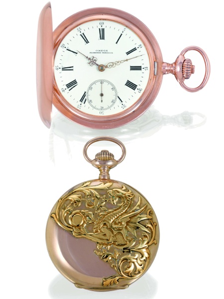 DRAGON.Omega, No. 2938433, case No. 3851286, Ref. 813.19. Made for the Hispanic market.sold, by Florindo Tenaglia, on the 16th of December 1909..Very fine and rare 18K yellow and pink gold hunting-cased chronometer-type dress watch.with bas-relief decorat