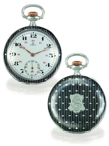NIELLO STRIPES.Omega, No. 5588202, case No. 6386458, Ref. MA141 LT. Sold on 27th September 1920..Fine and rare, silver and niello dress watch with 24 hour dial. This watch is sold with box.Certificate of Authenticity and a 2-year Omega guarantee.