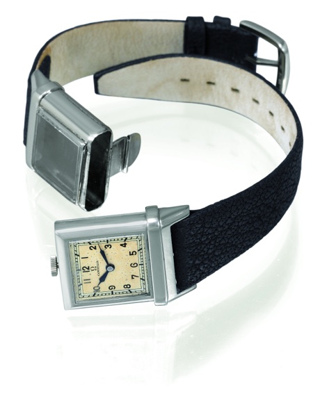 MARINE.Omega, No. 8316621, case No. 8863053, Ref. CK 679. Sold on October 21, 1936..Very fine and rare, rectangular, water-resistant, Staybrite-cased midsized wristwatch.with an Omega buckle. This watch is sold with box, Certificate of Authenticity and a.