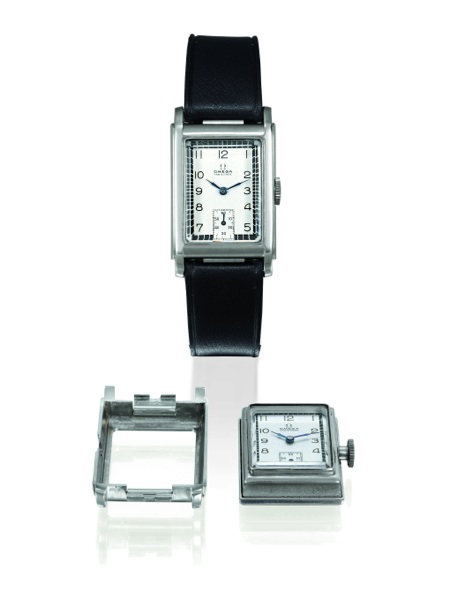 STAYBRITE MARINE STANDARD.Omega, Marine Standard, No. 9193993, case No. 9901527, Ref. CK 3635. Sold on.December 5, 1941..Fine and rare, rectangular, water-resistant, Staybrite gentleman`s wristwatch with a.stainless steel Omega buckle. This watch is sold 