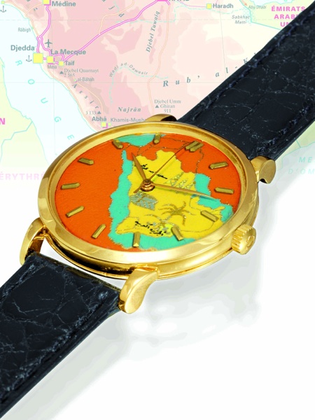 ARABIAN PENINSULA.Omega, No. 12436074, case No. 1131368, Ref. OT 2643. Made in 1952..Very fine and rare, self-winding, center seconds, 18K yellow gold gentleman`s wristwatch.with phantasy soft enamel dial depicting the Arabian peninsula and a gold-plated.