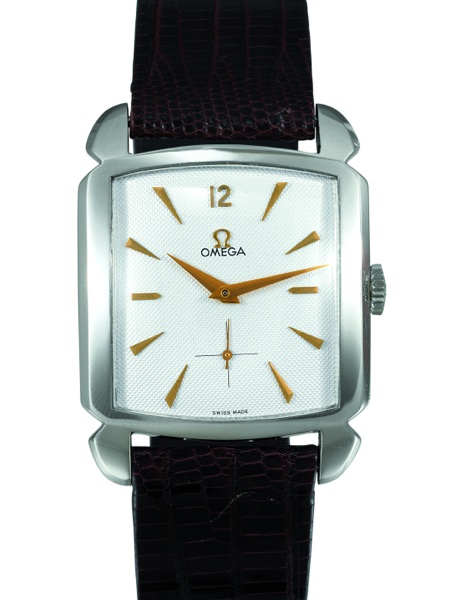 HONEYCOMB DIAL.Omega, No. 13496841, Ref. ST 3950-2. Sold on September 17, 1954..Fine and rare, square, self-winding, anti-magnetic, Staybrite gentleman