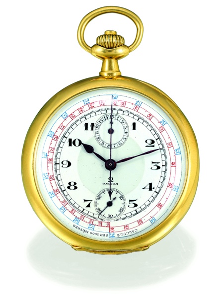 GOLD CHRONOGRAPH.Omega, No. 4636204, case No. 5591126, Ref. 743.18. Sold on May 4, 1907..Fine and rare, keyless, 18K yellow gold pocket watch with co-axial single button chronograph.15-minute register and tachometer. This watch is sold with a box, Certifi