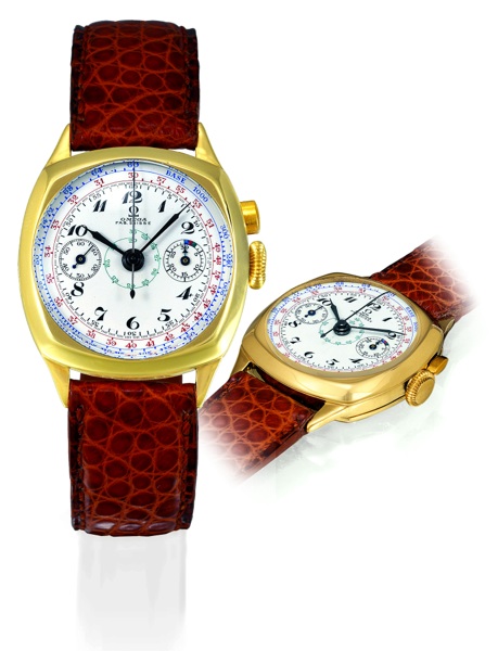 CHRONOTACHYMETER.Omega, No. 9370592, case No. 8601846, Ref. OW808. Made circa 1932..Very fine and rare, cushion-shaped, 18K yellow gold gentleman`s wristwatch with single.olive-shaped button chronograph with register, tachometer graduation, and an Omega.b