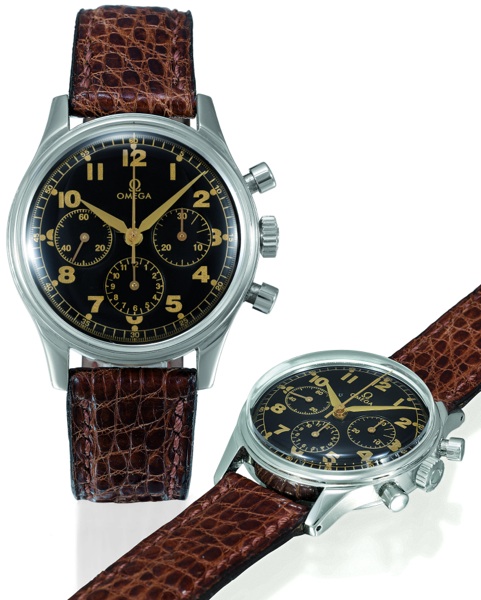 BLACK DIAL CHRONOGRAPH.Omega, No. 9600286, Ref. ST 2287-1. Sold on June 18, 1946..Fine and rare, center seconds, stainless steel, water-resistant, gentleman`s wristwatch.with round button chronograph, 12-hour and 30-minute registers and an Omega buckle..T