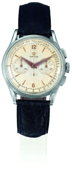 STAINLESS STEEL MEDICAL CHRONOGRAPH.Omega, No. 15146718, Ref. CK 2463. Sold on May 31, 1957..Very rare and fine, center seconds, stainless steel gentleman`s wristwatch with square.button chronograph, minute register, pulsometer and a stainless steel Omega