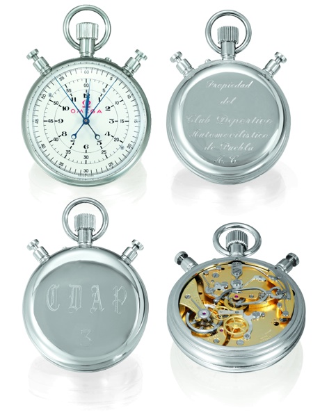 CLUB DEPORTIVO AUTOMOVILISTICO DE PUEBLA.Omega, No. 1660567, Ref. MG 6627. Made circa 1955..Fine and rare, stainless steel, keyless, split-seconds chronograph with central 12-hour and.60-minute registers. This watch is sold with a box, Certificate of Auth