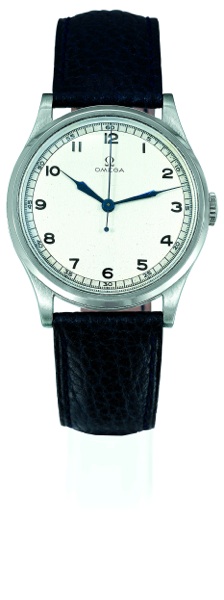 OVERSIZED AVIATOR WRISTWATCH.Omega, No. 8796348, case No. 9381576, Ref. CK 859. Sold on January 25, 1939..Very fine and rare, large, center seconds, Staybrite Aviator