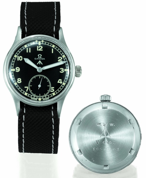 BRITISH MILITARY WRISTWATCH.Omega, No. 10199779, case No. 10670661, Ref. CK 2444. Sold to the British Ministry of.Defense on August 17, 1945..Fine and rare, water-resistant, stainless steel aviator