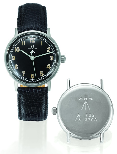 RAF - MILITARY WRISTWATCH.Omega, No. 19253831, case No. 3513708, Ref. MF 131.019. Sold to the British Air.Ministry on April 30, 1964..Very fine and rare, center seconds, anti-magnetic, white gold-plated, stainless steel.aviator