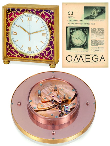 DEAD CENTER SECONDS.Omega, No. 10600477, Ref. 5506. Sold in 1948..Very fine and rare, gold-plated Deluxe eight day-going dead seconds table.chronometer. Sold with a Certificate of Authenticity and 2-year Omega guarantee..To be sold without reserve