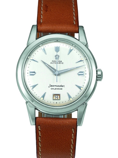 STAINLESS STEEL SEAMASTER CALENDAR Omega, Seamaster, Automatic, Calendar, No. 13016713, Ref. CK 2627-3 SC. Sold.on November 6, 1953..Fine and rare, center seconds, self-winding, water-resistant, stainless steel gentleman`s.wristwatch with date and a stain