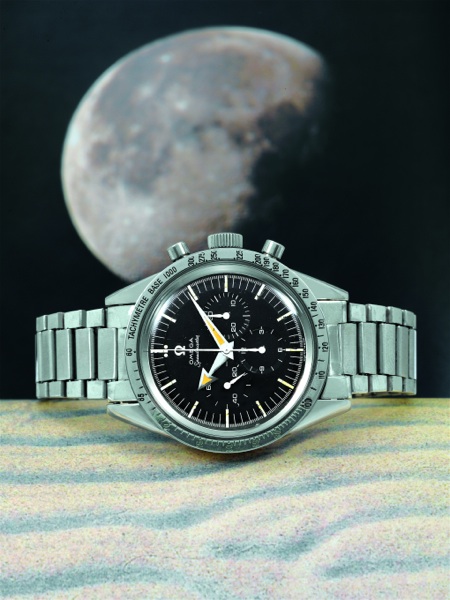 BROAD ARROW Omega, Speedmaster, No. 18645223, Ref. CK 2915-2. Sold on 25th June, 1962..Very fine and equally rare, water-resistant, stainless steel gentleman's wristwatch.with round button chronograph, registers, tachometer and a stainless steel Omega.bra